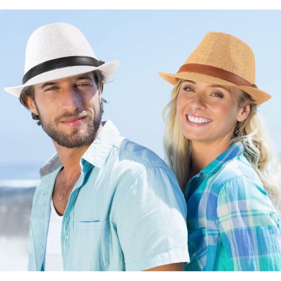 Ultrafun Straw Fedora Hat Classic Manhattan Dark Gray Black Belt Buckle Band Uni - Picture 9 of 13